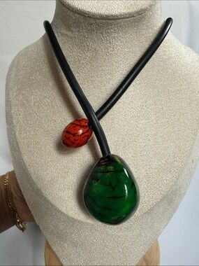 Modernist Green and Orange Sculptural Statement Cord Necklace